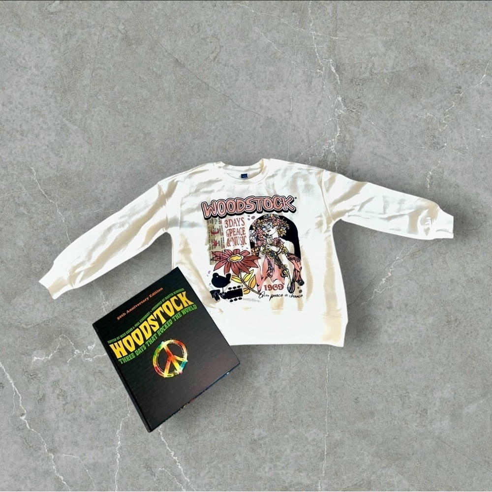 Vintage-Inspired Woodstock Kid Size Sweatshirt & 50th Anniversary Book Bundle